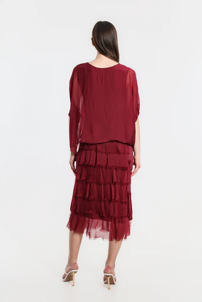 Gail Tiered Silk Ruffle Dress - Burgundy - Tees By Tina