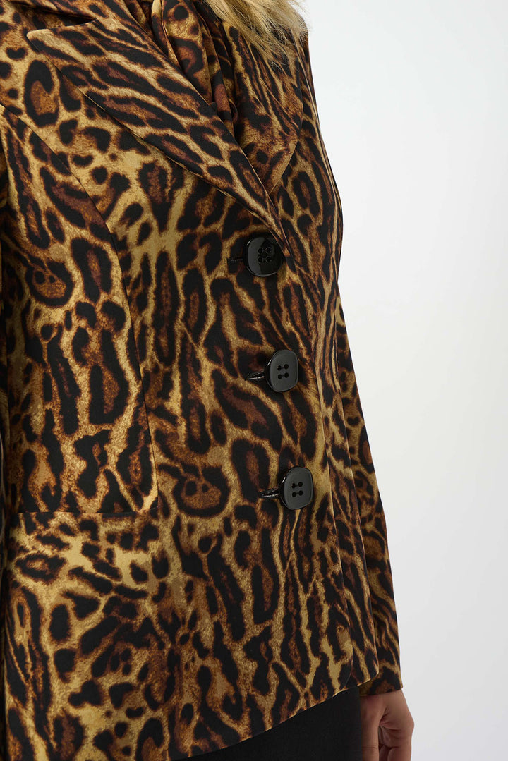 Leopard print coat with black buttons on a white background