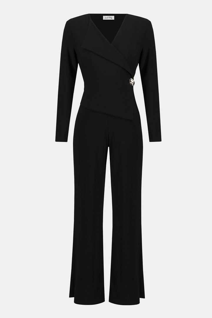 Black jumpsuit with a V-neckline and wide-leg pants on a white background