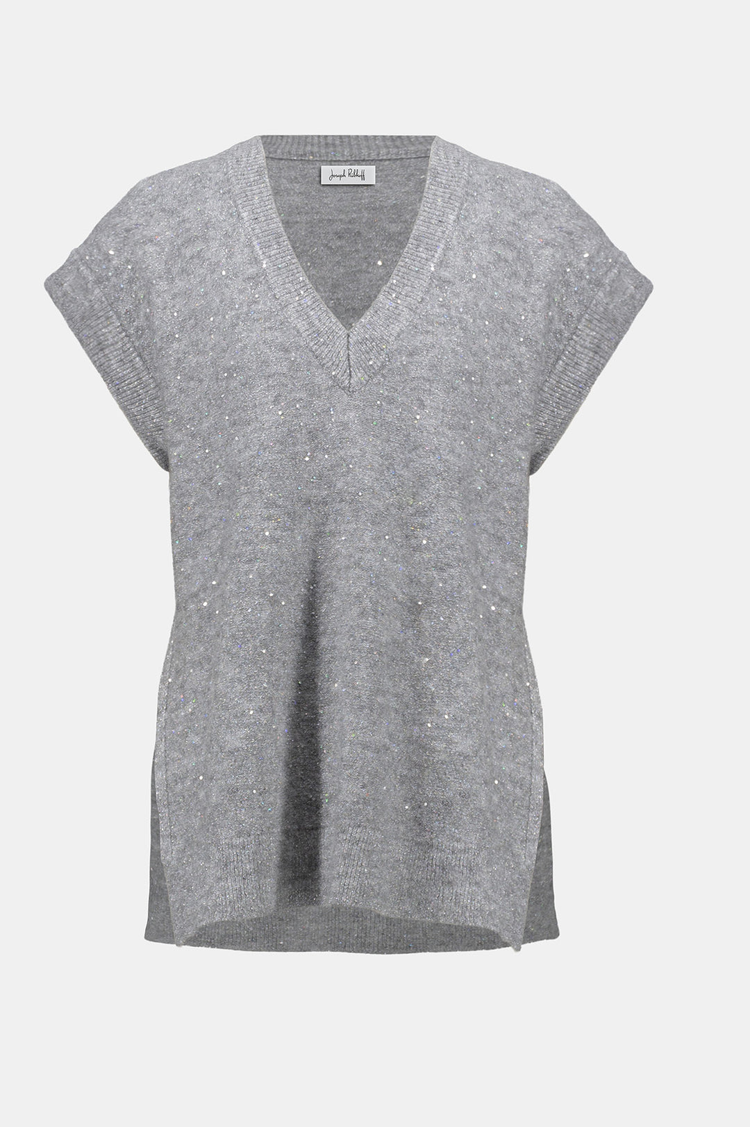 Gray sleeveless sweater on a light gray background