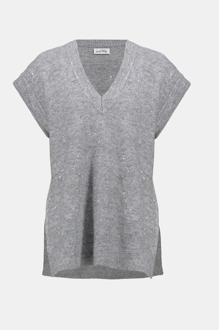 Gray sleeveless sweater on a light gray background