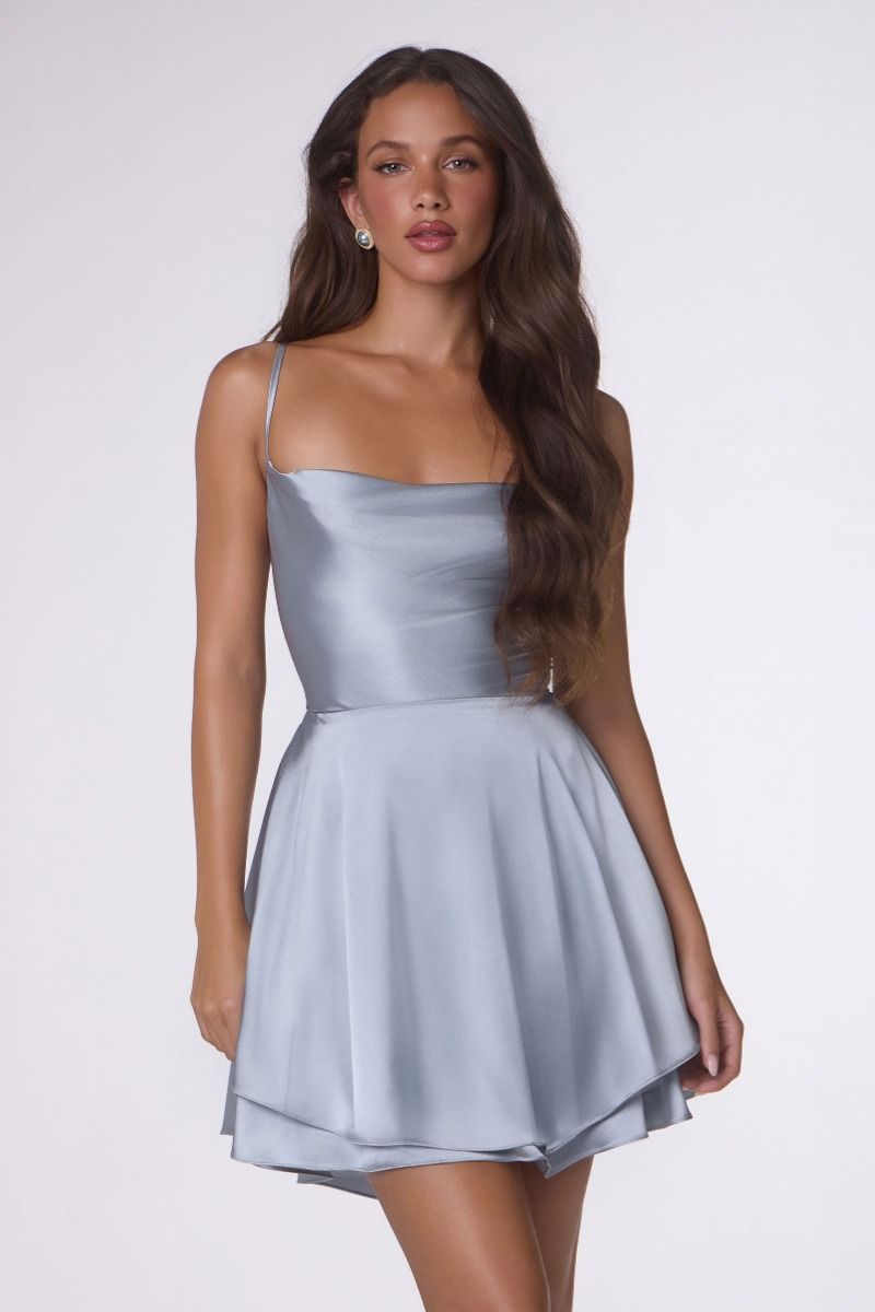 Giulietta Satin Mini Dress — Dusty Blue
