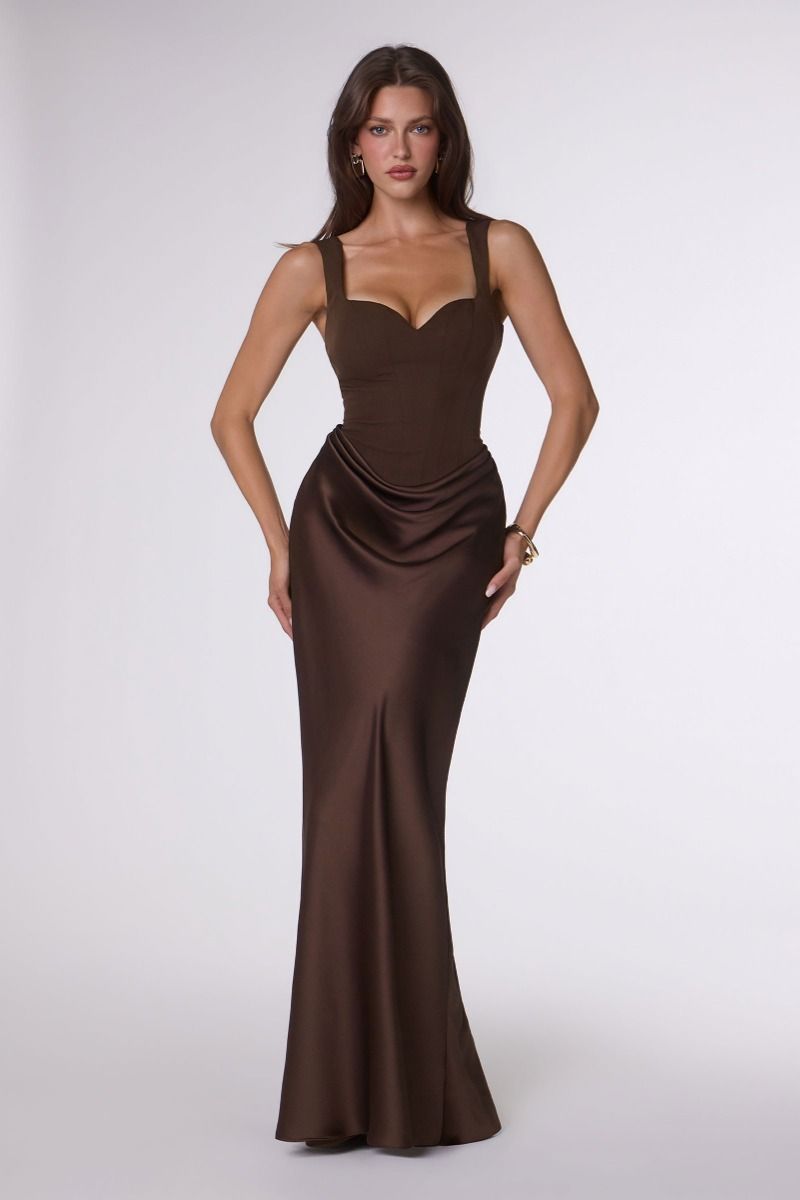 Caterina Draped Satin Gown — Espresso