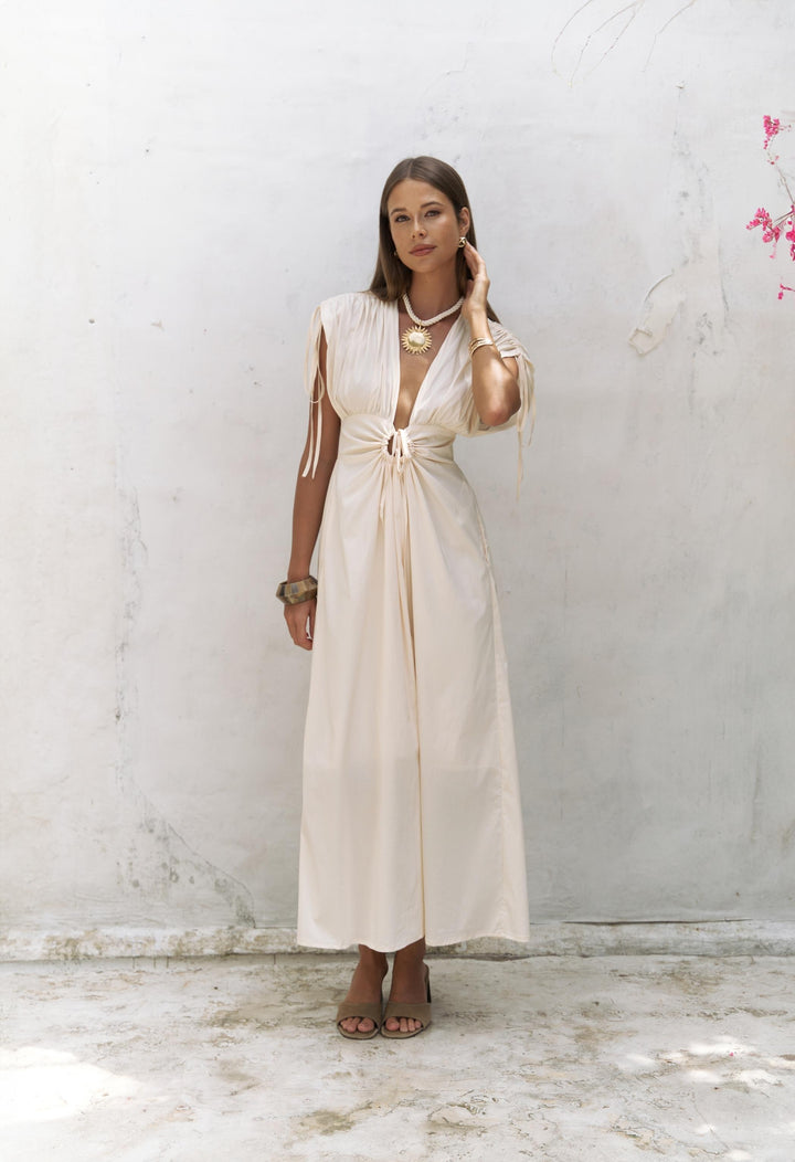 Toscana  Ruffle Detail Long Dress - Beige