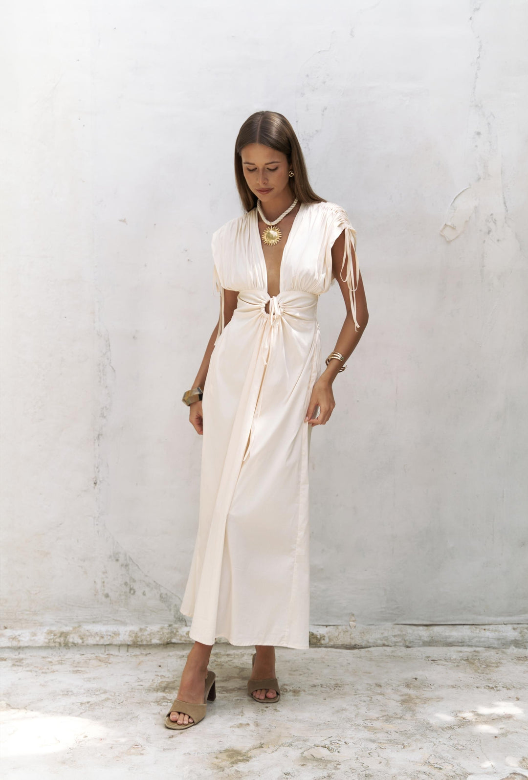 Toscana  Ruffle Detail Long Dress - Beige