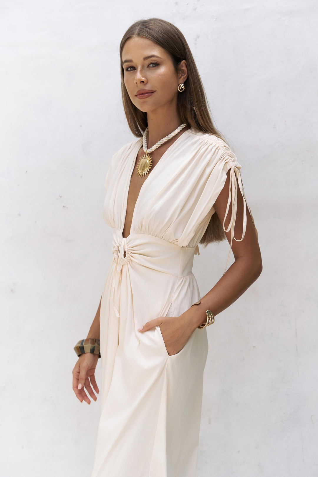 Toscana  Ruffle Detail Long Dress - Beige