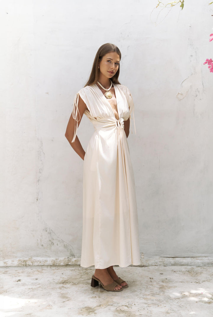 Toscana  Ruffle Detail Long Dress - Beige