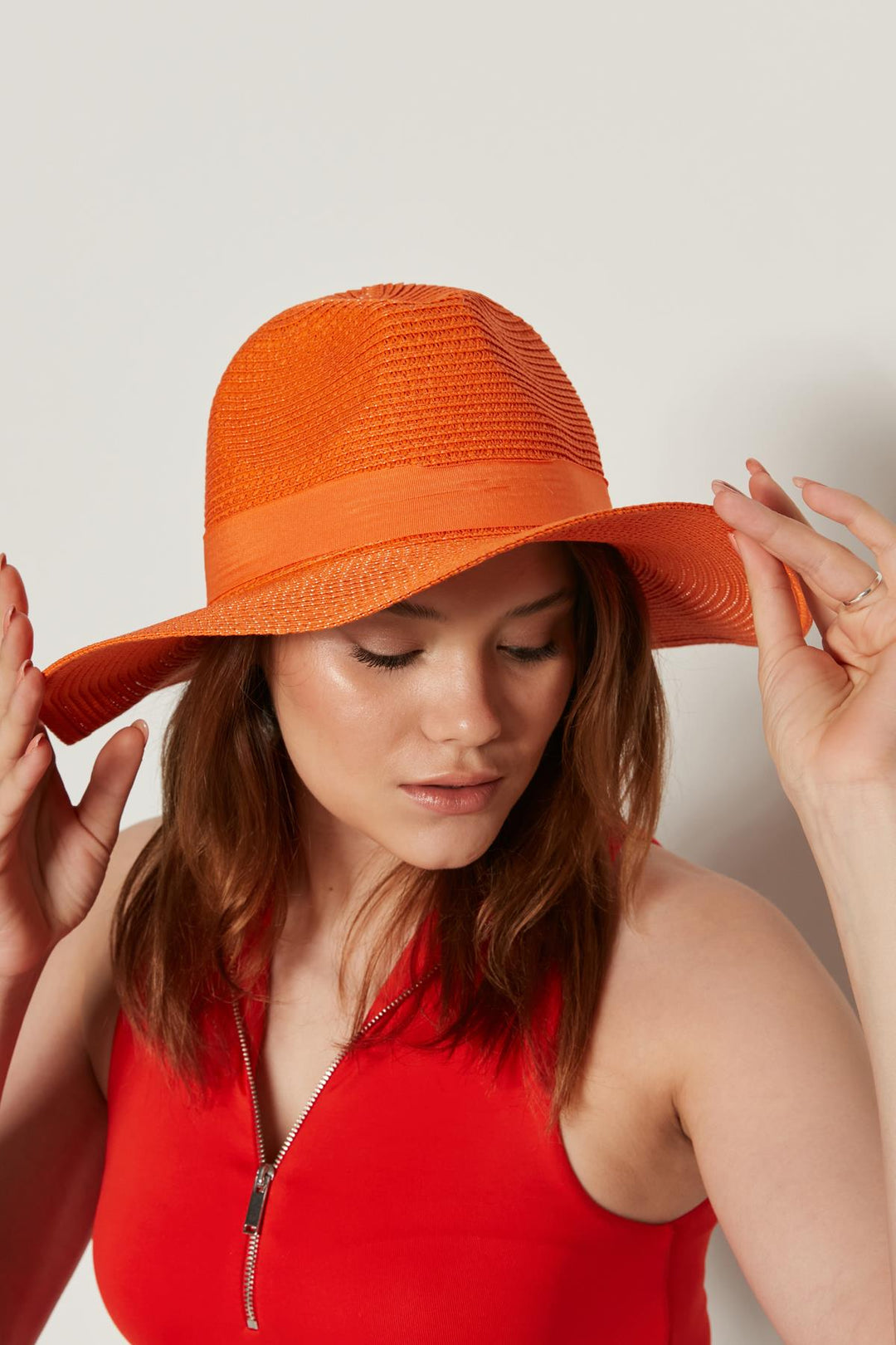 Wide Straw Hat With Ribbon Detail - Orange