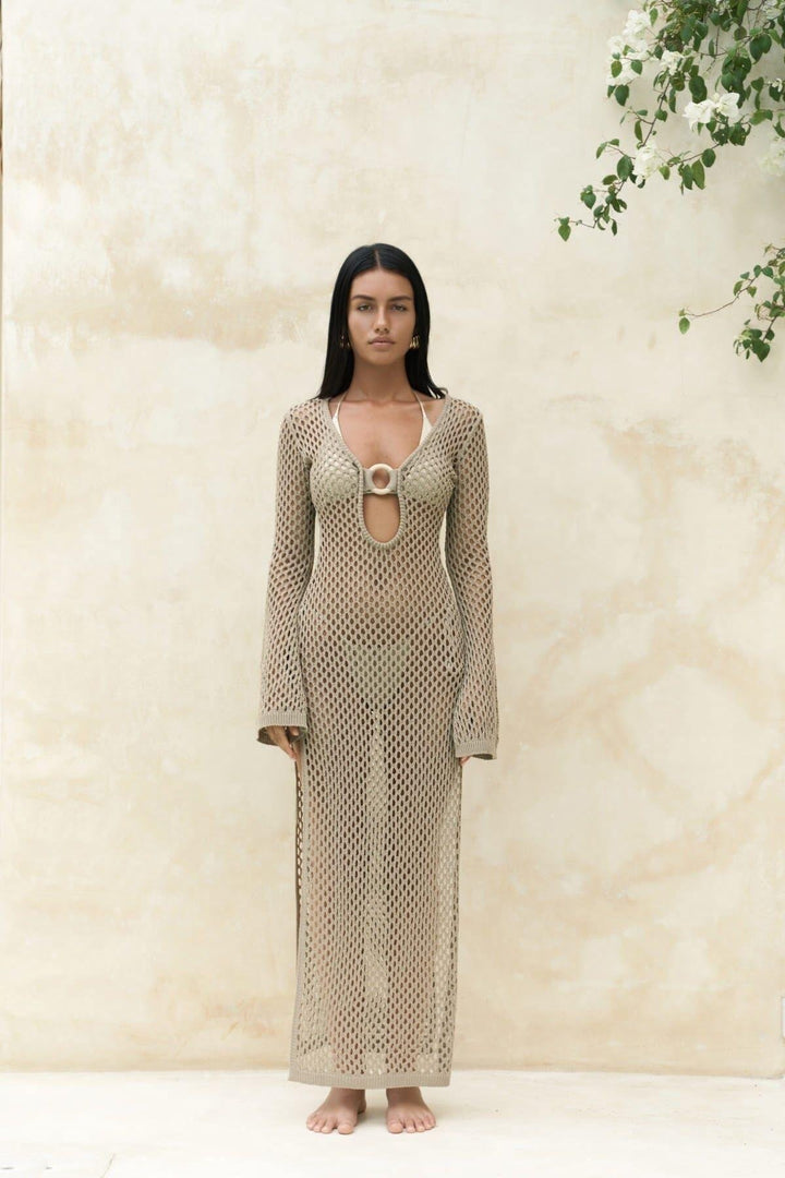 Wooden Ring Detail Knitwear Long Dress - Beige